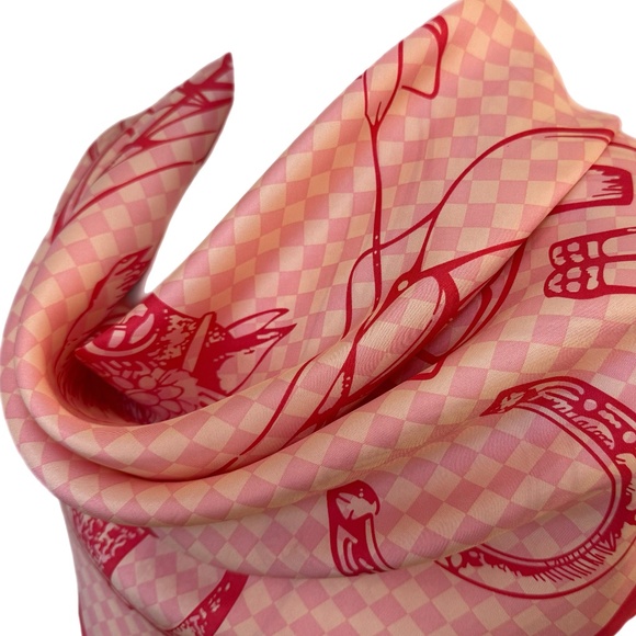 Equestrian Silk Scarf – Pink & White Check with Horse & Tack Design - Picture 5 of 10